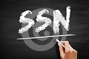 SSN - Social Security Number acronym, text concept on blackboard