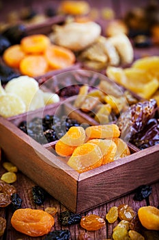 ÃÂssorted dried fruits in wooden box