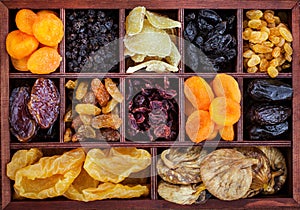 ÃÂssorted dried fruits in wooden box