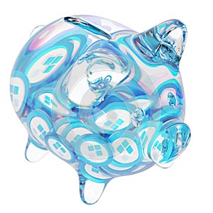 ssv.network (SSV) Clear Glass piggy bank with decreasing piles of crypto coins. photo