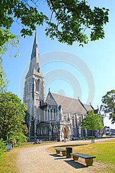 St. Alban`s Church in beautiful grounds surrounded by trees and a city centre landmark, Copenhagen, Denmark..