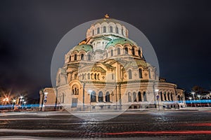 St Alexander Nevski Cathedral in Sofia illuminated at night, Bulgaria