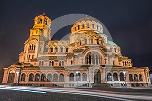 St Alexander Nevski Cathedral in Sofia illuminated at night, Bulgaria