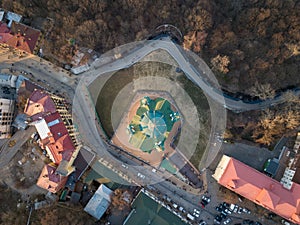 St. Andrew`s church aerial top view in city Kiev, Ukraine