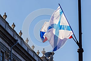 St. Andrew\'s flag on a pole in the center of St. Petersburg, Russia.