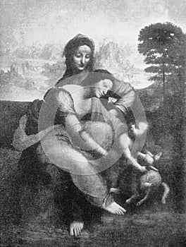 St. Anne and God`s mother with a baby by Leonardo da Vinci in the vintage book Leonardo da Vinci by A.L. Volynskiy, St. Petersbur