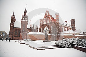 St Anne`s and Bernadine`s Churches in Vilnius Lithuania beautiful architecture of Baltic States in winter during Christmas holid