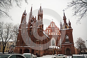 St Anne`s and Bernadine`s Churches in Vilnius Lithuania beautiful architecture of Baltic States in winter during Christmas holid