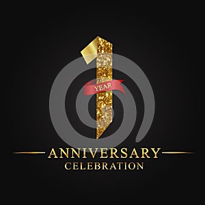 1st anniversary years celebration logotype. Logo ribbon gold number and red ribbon on black background.