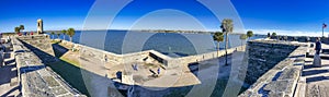 ST AUGUSTINE, FL - FEBRUARY 2016: Tourists along St Marcos Castle on a sunny winter day - Panoramic view