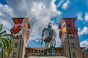 Pedro Menendez de Aviles statue on Lightner Museum background  in Florida`s Historic Coast .