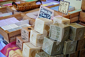 St AYGULF, VAR, PROVENCE, FRANCE, AUGUST 26 2016: Blocks of home made artisan soap on a Provencal market stall in the South of