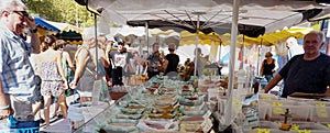 St AYGULF, VAR, PROVENCE, FRANCE, AUGUST 26 2016: Provencal market stall selling fresh loose spices and other items to locals and