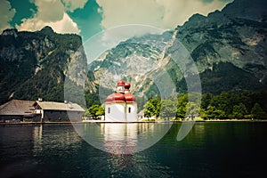 St Bartholomew Church at the foothills of Bavarian Alps, Koenigssee lake, Germany