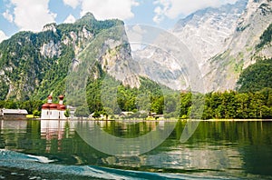 St. Bartholomew church in Konigssee National Park aroung Alps in summer, Germany