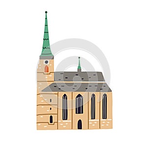 St. Bartholomew's cathedral in Pilsen. Old Czech cathedral with tower. Ancient church in Plzen. Colored flat vector