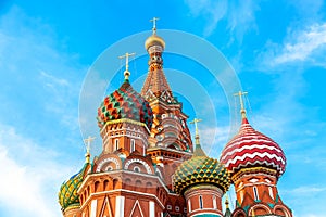 St. Basil Cathedral at Moscow Red Square. Summer sunny day. World famous Russian Moscow landmark
