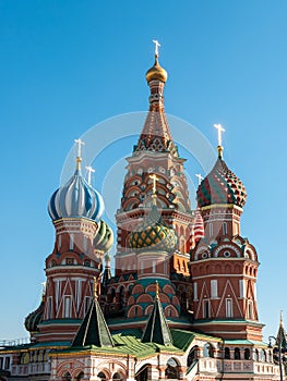St. Basil`s Cathedral against the blue sky. Red Square, Moscow, Russia. Vertical
