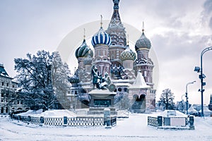St Basil`s cathedral in cold winter, Moscow, Russia
