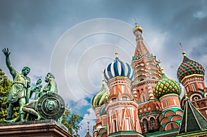 St. Basil`s Cathedral and monument at Red square in Moscow, Russia.