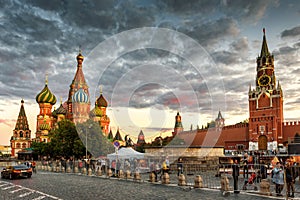 St Basil`s Cathedral and Moscow Kremlin on Red Square at sunset,