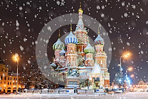 St. Basil`s Cathedral in Moscow in winter.The inscription on the