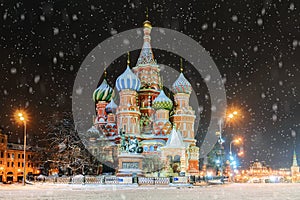 St. Basil`s Cathedral in Moscow in winter, Russia. The inscripti