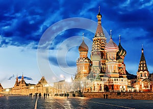 St. Basil`s Cathedral night view in Moscow . Russia