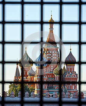 St. Basil's Cathedral on Red Square behind bars