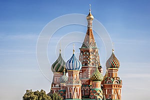 St. Basil`s Cathedral on Red Square in Moscow against the background of a bright blue sky on a sunny day