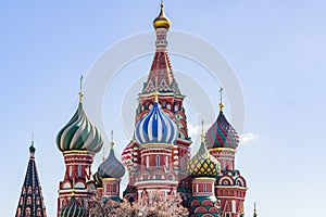 St Basil`s cathedral on Red Square in Moscow. Domes the cathedral lit by the sun