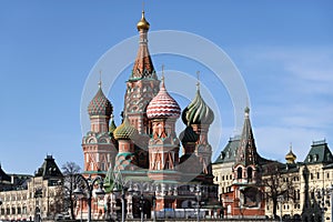 St. Basil's Cathedral on Red Square in Moscow Russia against clear blue skya