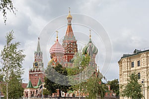 St. Basil`s Cathedral on Red Square in Moscow Russia. Beautiful postcard landscape