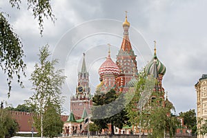 St. Basil`s Cathedral on Red Square in Moscow Russia. Beautiful postcard landscape with tourist attraction