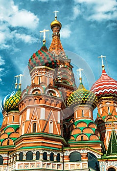 St Basil`s Cathedral on Red Square, Moscow, Russia, Europe. It is a famous landmark of Moscow. Saint Basil`s church in Moscow