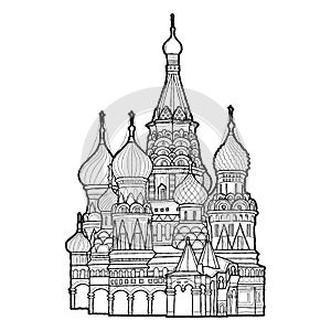 St. Basil`s Cathedral, Red Square, Moscow, Russia: Vector Illustration Hand Drawn Landmark Cartoon Art