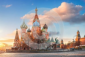 St. Basil`s Cathedral on Red Square in Moscow under a blue sky