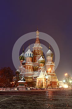 St. Basil`s Cathedral on Red Square in Moscow. Winter Night