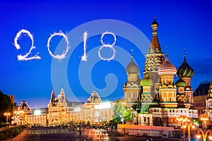 St Basil`s cathedral on Red Square at night, 2018 fireworks, Moscow, Russia