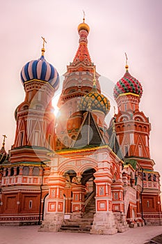 St. Basil`s Cathedral on the Red Square with sunrays, Moscow