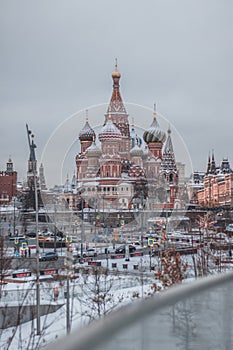 St. Basil`s Cathedral on Red Square in winter, Moscow, Russia.
