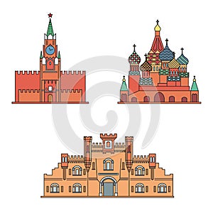 St Basil`s Cathedral, Spasskaya tower of the Moscow Kremlin, Brest Fortress building. Vector illustration photo