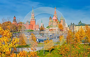 St. Basil`s Cathedral and Spassky Tower on Red Square in Moscow