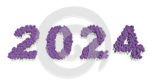 St of beautiful blooming lupine bouquets forming the year 2024. 3d illustration metaphor for hope, future