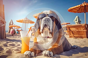 St. Bernard dog is relaxing on the beach with a cocktail. A summer holiday concept. Generative AI