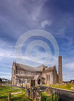 St Canice`s cathedral and cemetery in Kilkenny, Ireland, Europe, during sunny day with blue sky and clear blank space for text