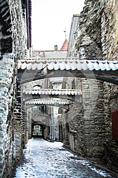 St. Catherine`s Passage with snow in Tallinn