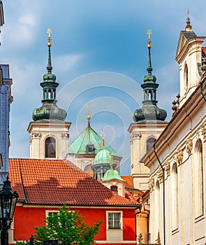 St. Clement\'s cathedral towers in Prague old town, Czech Republic