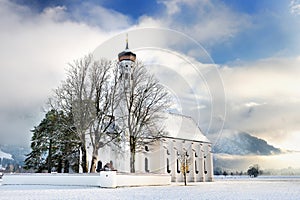 St. Coloman pilgrimage church, located near famous Neuschwanstein castle, Bavaria, Germany in winter day