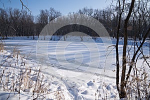 St Croix River, frozen and covered in ice, as seen from William O`Brien State Park Minnesota